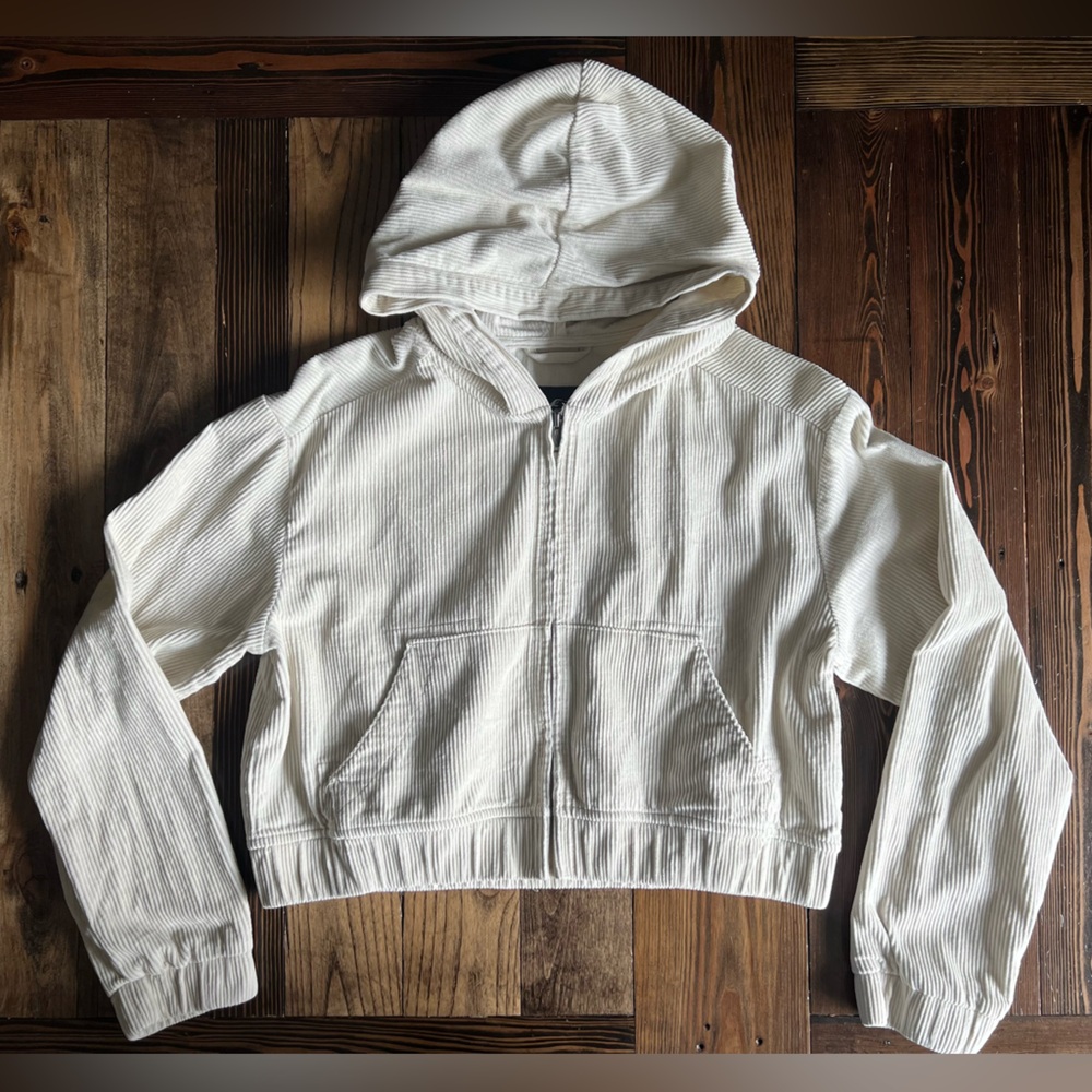 HOLLISTER • lightweight fall corduroy hoodie zip jacket light cream Y2K oversize